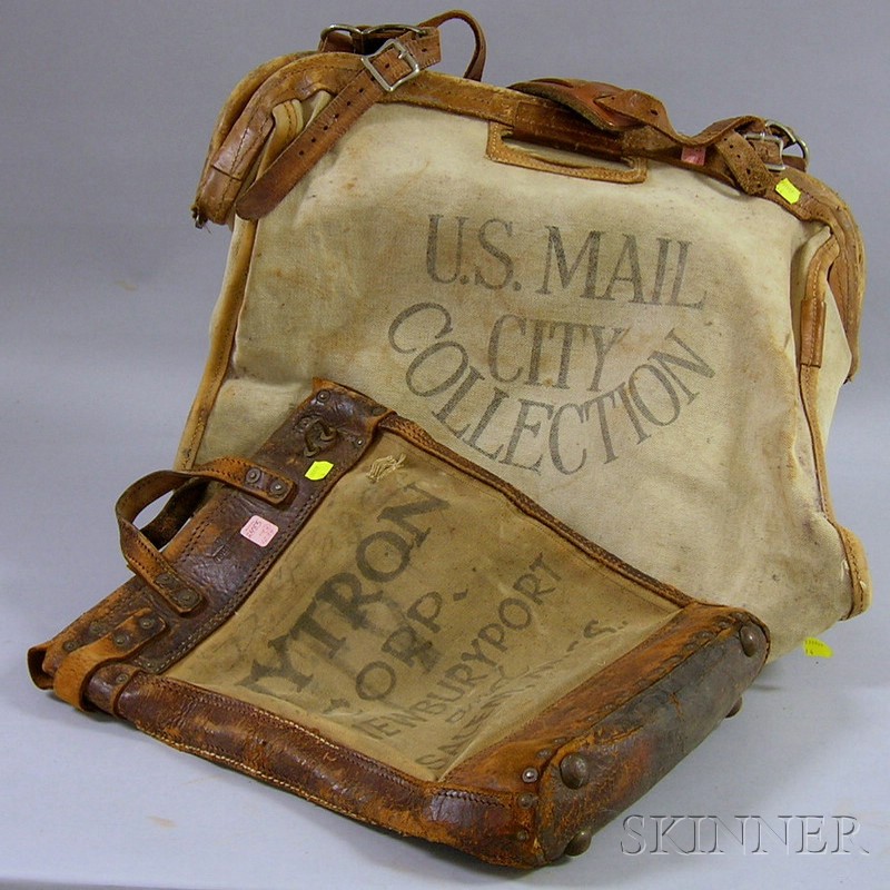 Appraisal: Three Leather-bound Canvas Mail Pouches and Small Suitcase two pouches