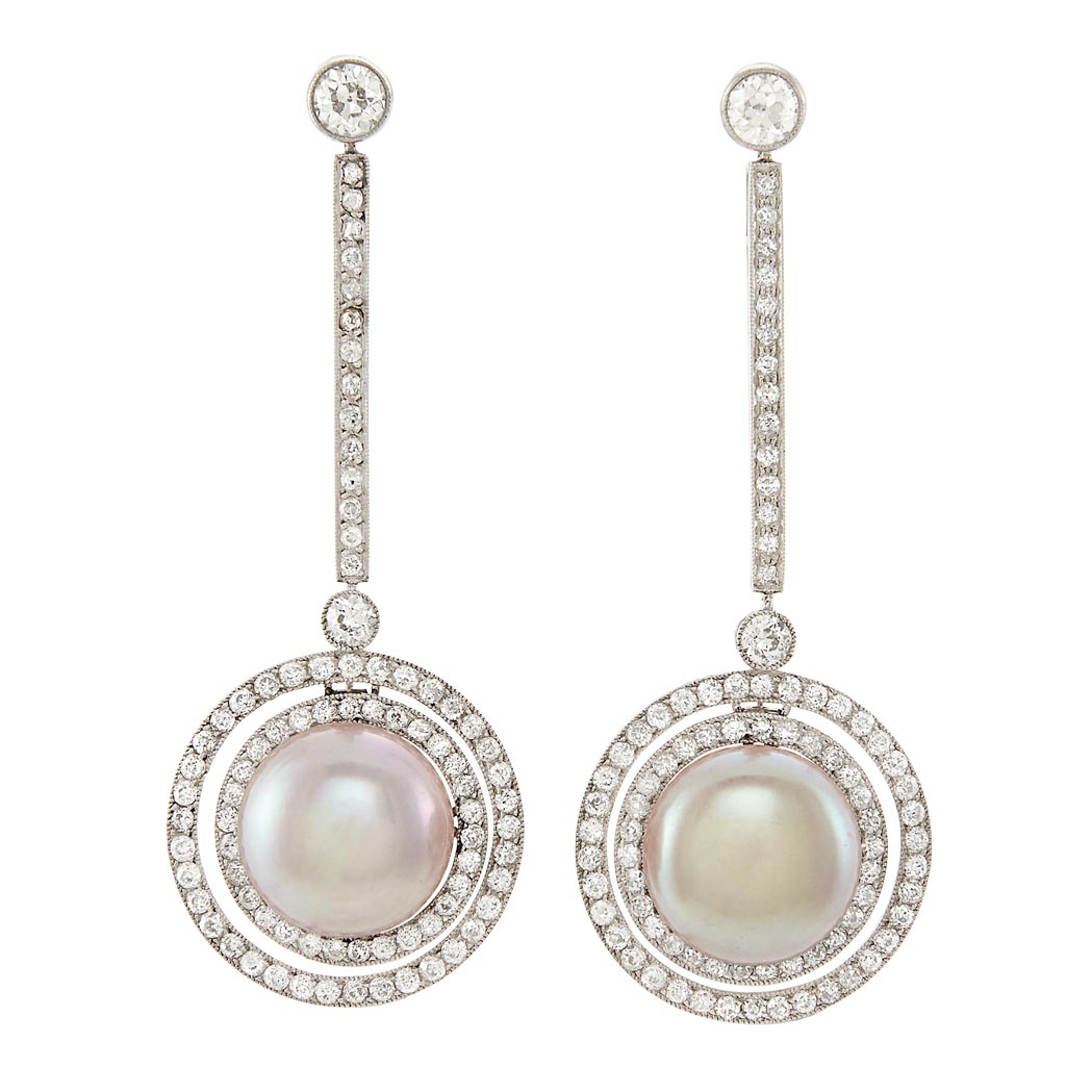 Appraisal: Pair of Platinum Freshwater Button Pearl and Diamond Pendant-Earrings old-European