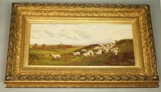 Appraisal: Sheep in Pasture Vintage Oil Painting Shepherd a Sheep in