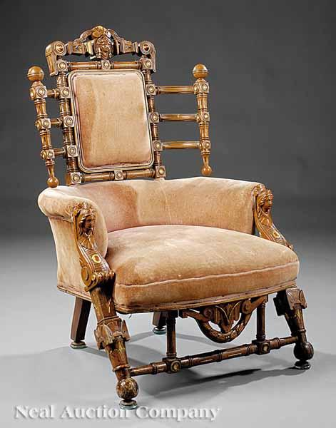 Appraisal: An American Neo-Grec Gilt Ebonized and Incised Walnut Gentleman's Armchair