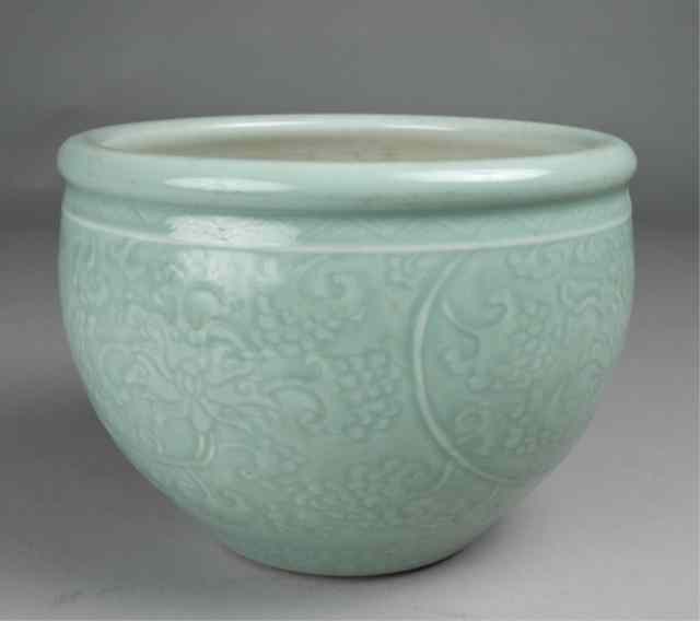 Appraisal: Fine Chinese Celadon PlanterMolded with scrolling foliage '' H x