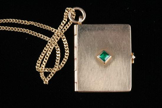 Appraisal: YELLOW GOLD AND EMERALD BOOK-FORM PENDANT ON CHAIN early th