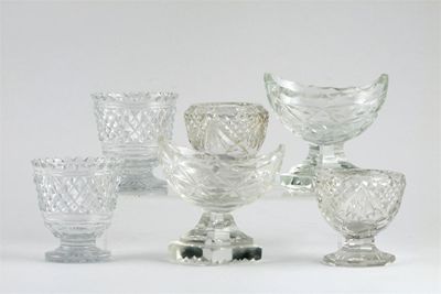 Appraisal: Three pairs of cut glass salts one pair boat-shaped on