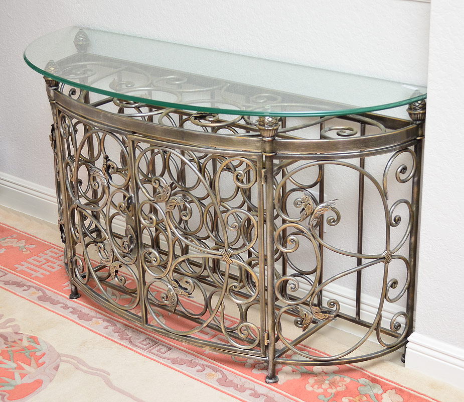 Appraisal: CONTEMPORARY IRON WINE RACK TABLE Glass top over iron stand