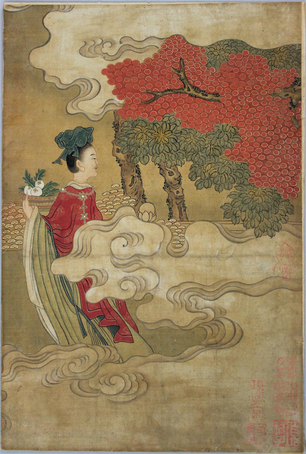 Appraisal: MING STYLE FINE FIGURE PAINTING - WOMAN CARRYING FRUIT Watercolor