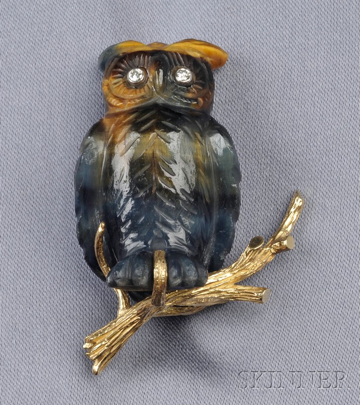 Appraisal: kt Gold Quartz and Diamond Owl Brooch Erwin Pearl the