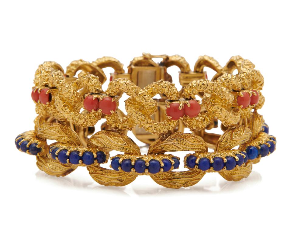 Appraisal: TIFFANY CO K Gold Coral and Lapis Lazuli Double Bracelet