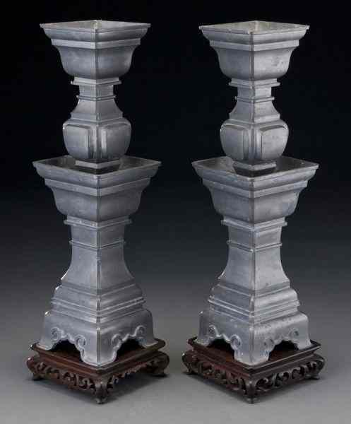 Appraisal: Pr Chinese pewter candlesticks Without stand ''H Circa - Late