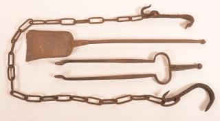 Appraisal: th Century Iron Hearth Lot Including chain trammel ember tongs