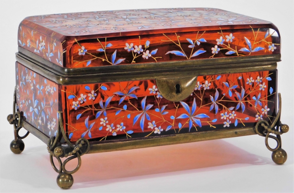 Appraisal: MOSER ENAMELED CINNAMON GLASS JEWELRY CASKET Czechoslovakia Circa Richly colored