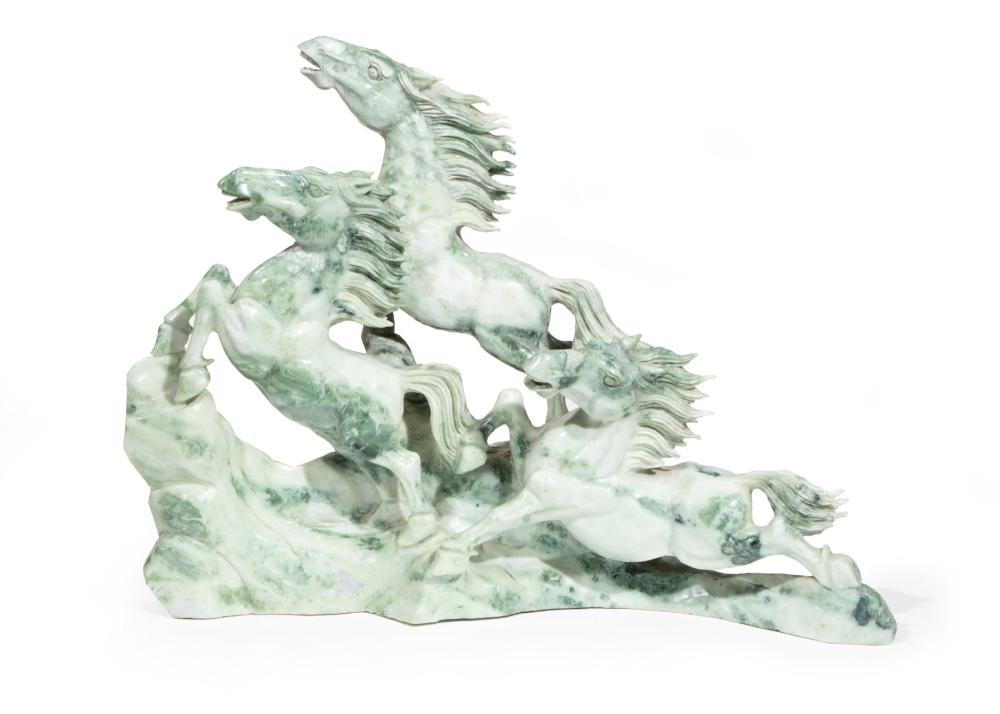 Appraisal: LARGE CHINESE HARDSTONE HORSE GROUPLarge Chinese Hardstone Horse Group th