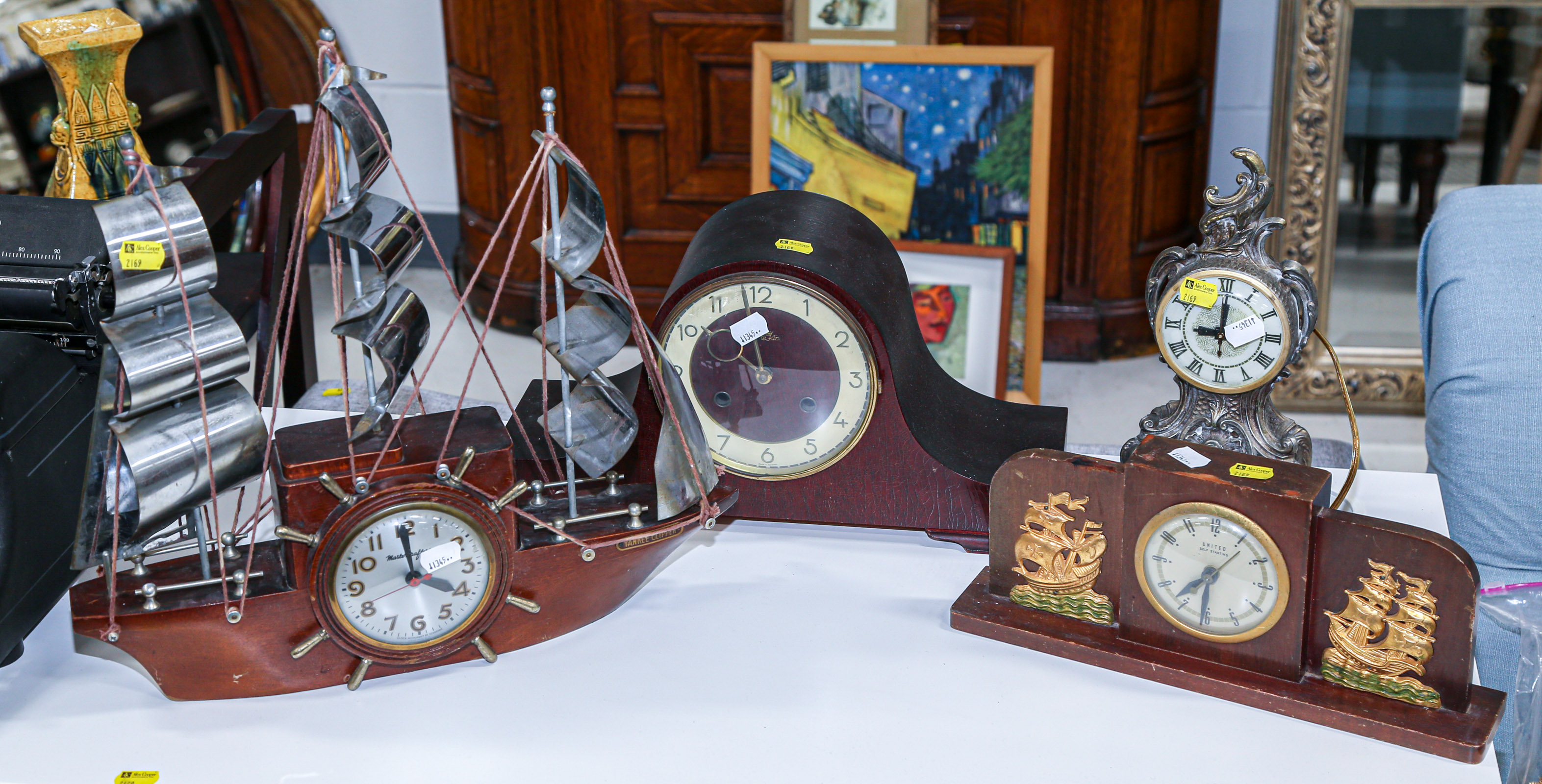 Appraisal: FOUR ASSORTED SHELF CLOCKS Including a United Self-Starting electric desk