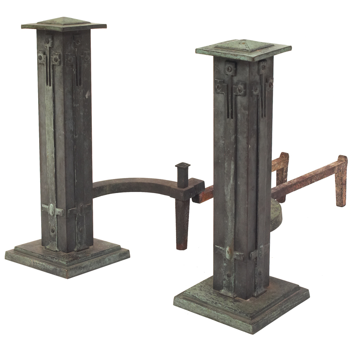 Appraisal: Prairie School andirons applied stylized floral decorations original verdigris patina