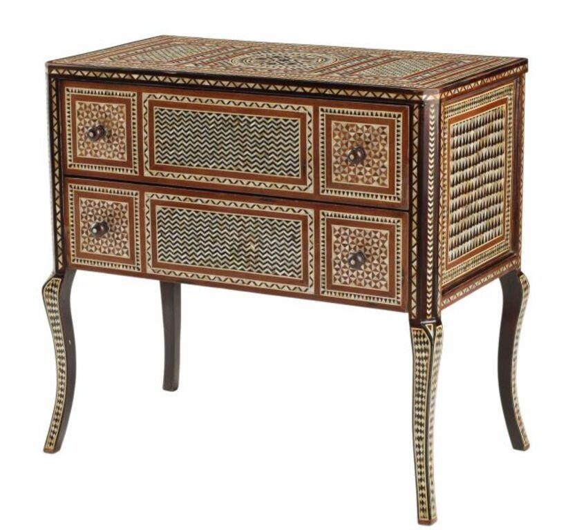 Appraisal: IBERIAN INLAID TWO-DRAWER COMMODEIberian inlaid two-drawer chest approx h w