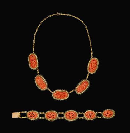 Appraisal: Carved red coral and seed pearl bracelet and necklace th