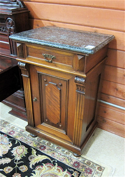 Appraisal: MARBLE-TOPPED WALNUT CABINET NIGHTSTAND German late th century Dimensions H