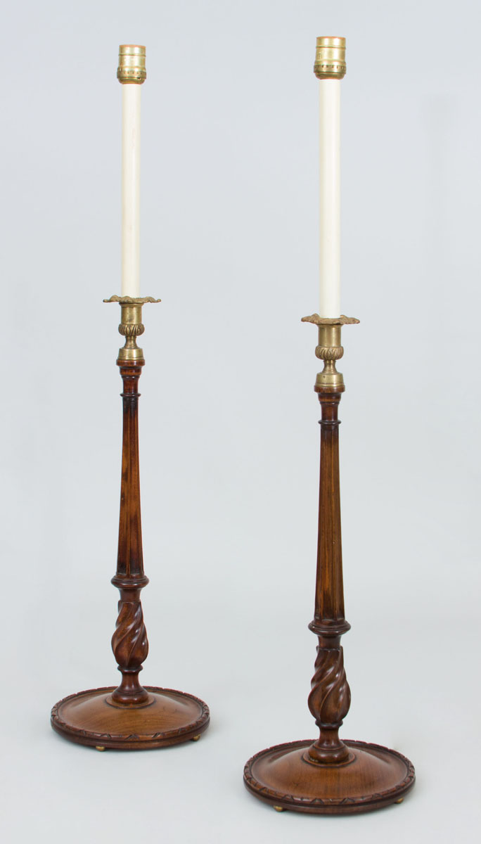 Appraisal: Pair of Edwardian Mahogany Tall Candlestick Lamps x in diam