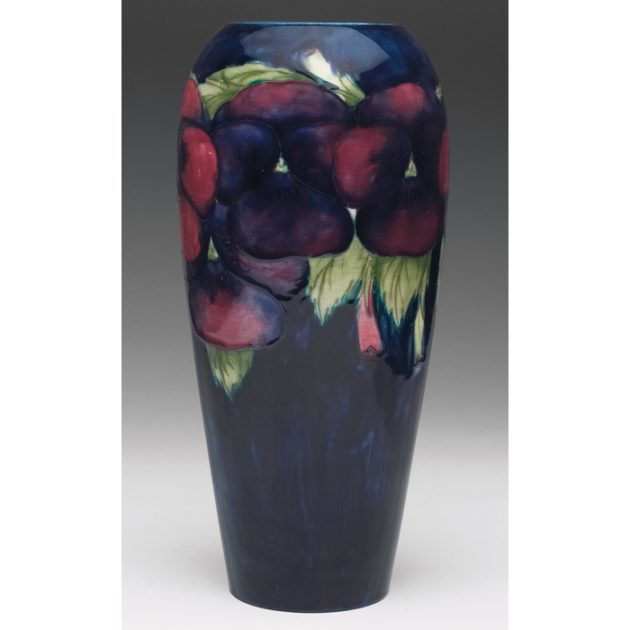 Appraisal: Exceptional Moorcroft vase tapered shape pansy design on dark ground