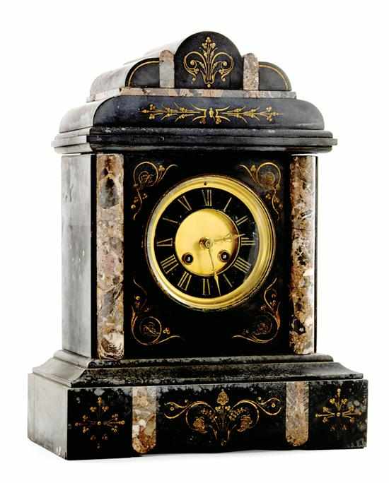 Appraisal: French slate and marble mantel clock circa shaped top above