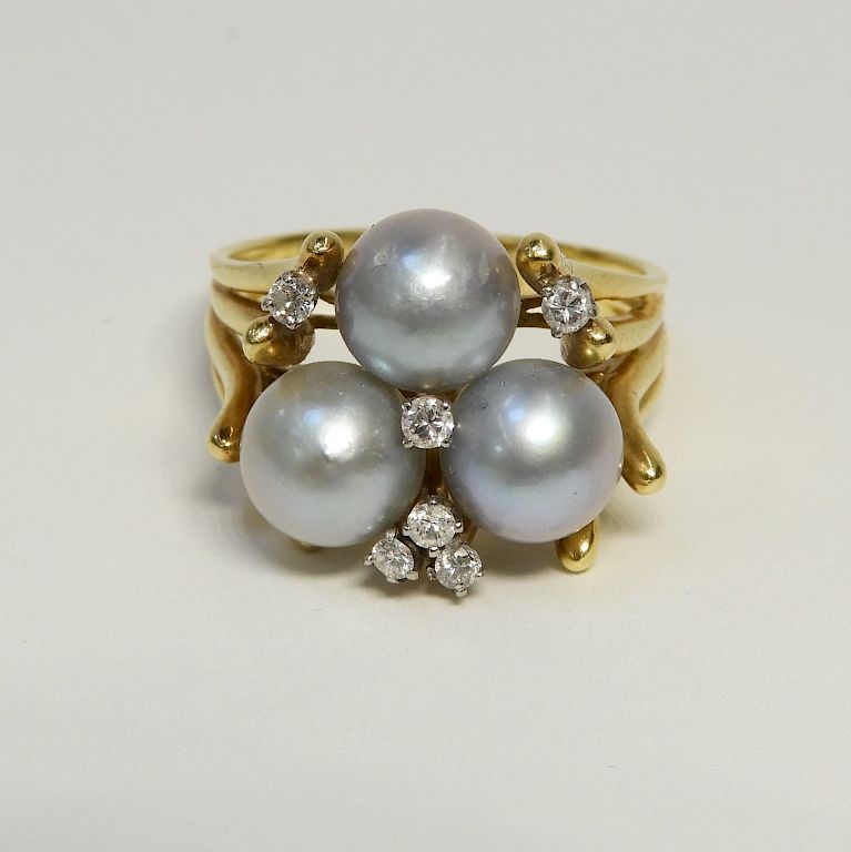 Appraisal: K Yellow Gold Pearl Diamond Cocktail Ring th Century A