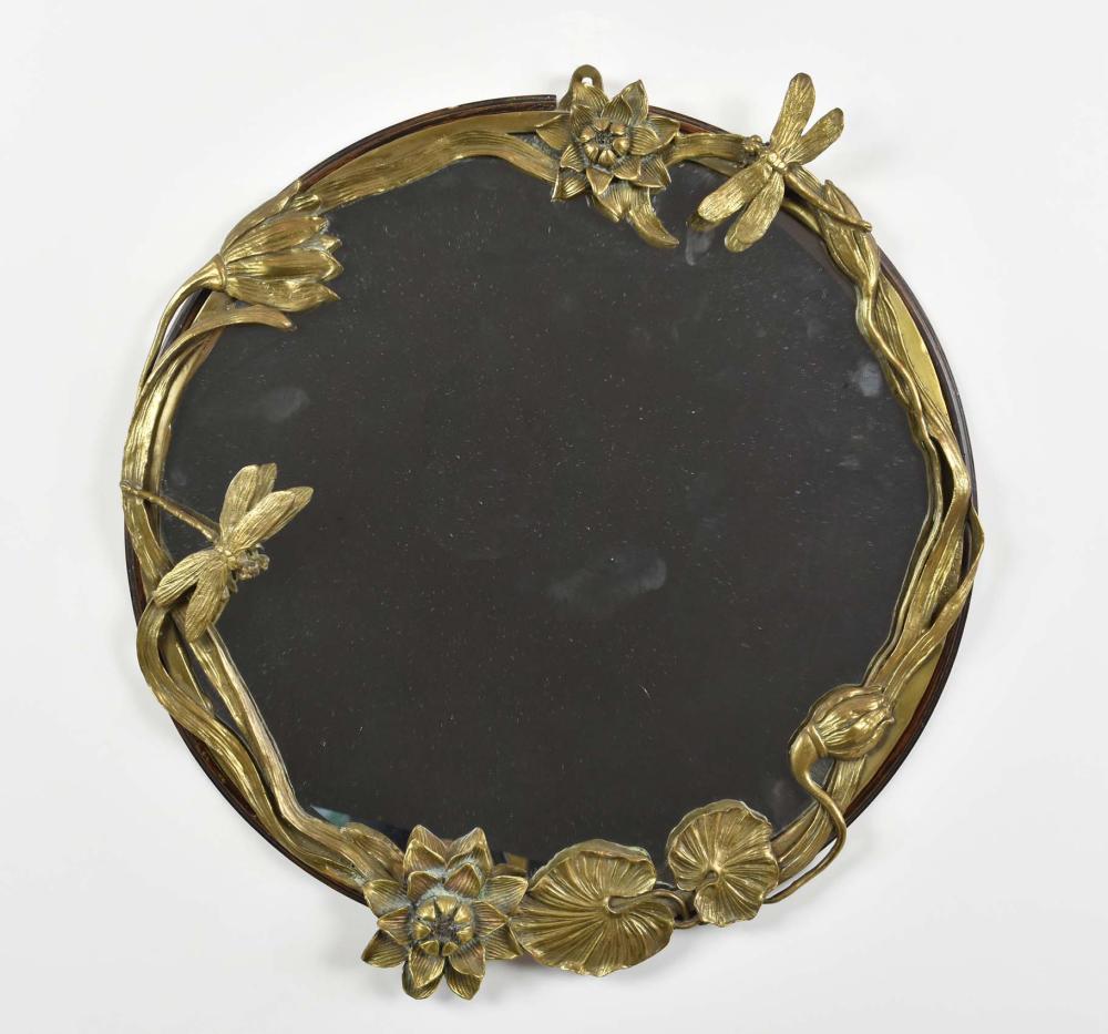 Appraisal: ART NOUVEAU STYLE BRONZE MIRRORModern Circular cast with a dragonflies