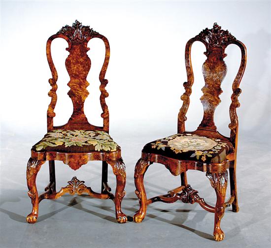 Appraisal: Pair Queen Anne style walnut sidechairs mid th century shaped