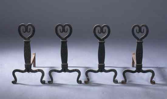 Appraisal: TWO PAIRS PRIMITIVE IRON ANDIRONS WITH OPEN HEART FORM FINIALS