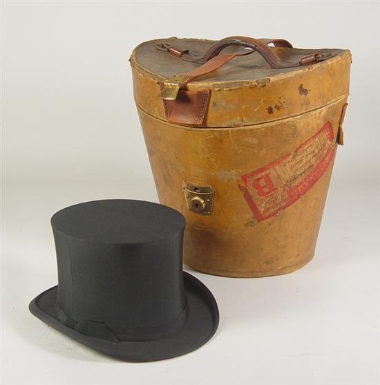 Appraisal: Gentleman's Leather Hat Box with Two Top Hats Circa Labeled