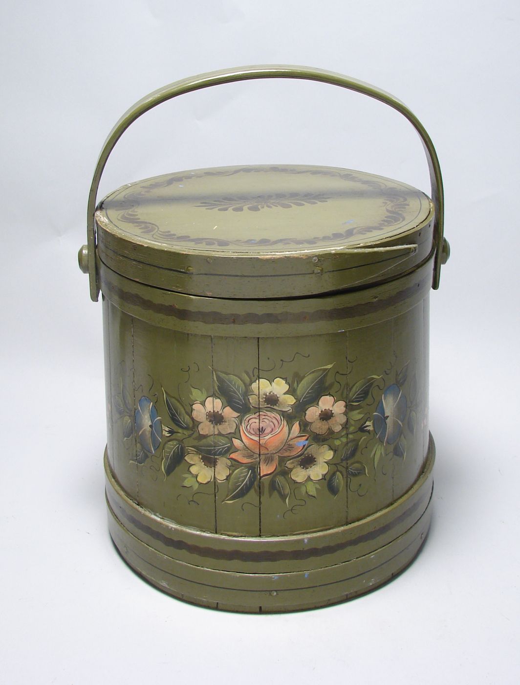 Appraisal: PAINTED WOODEN FIRKIN Possibly by Ralph Cahoon or Axel Farham