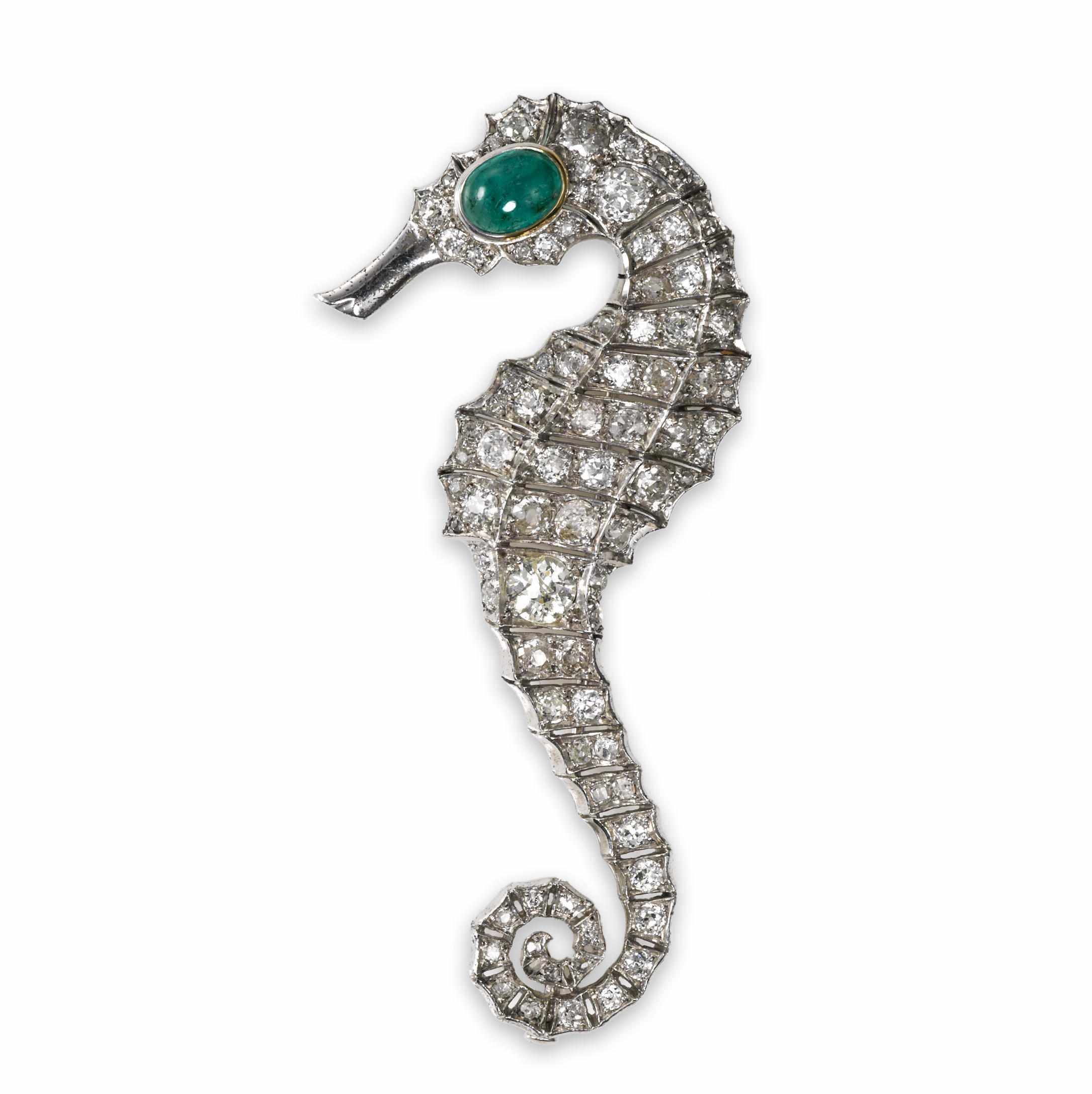 Appraisal: A diamond and emerald seahorse brooch oval-shaped emerald cabochon weighing