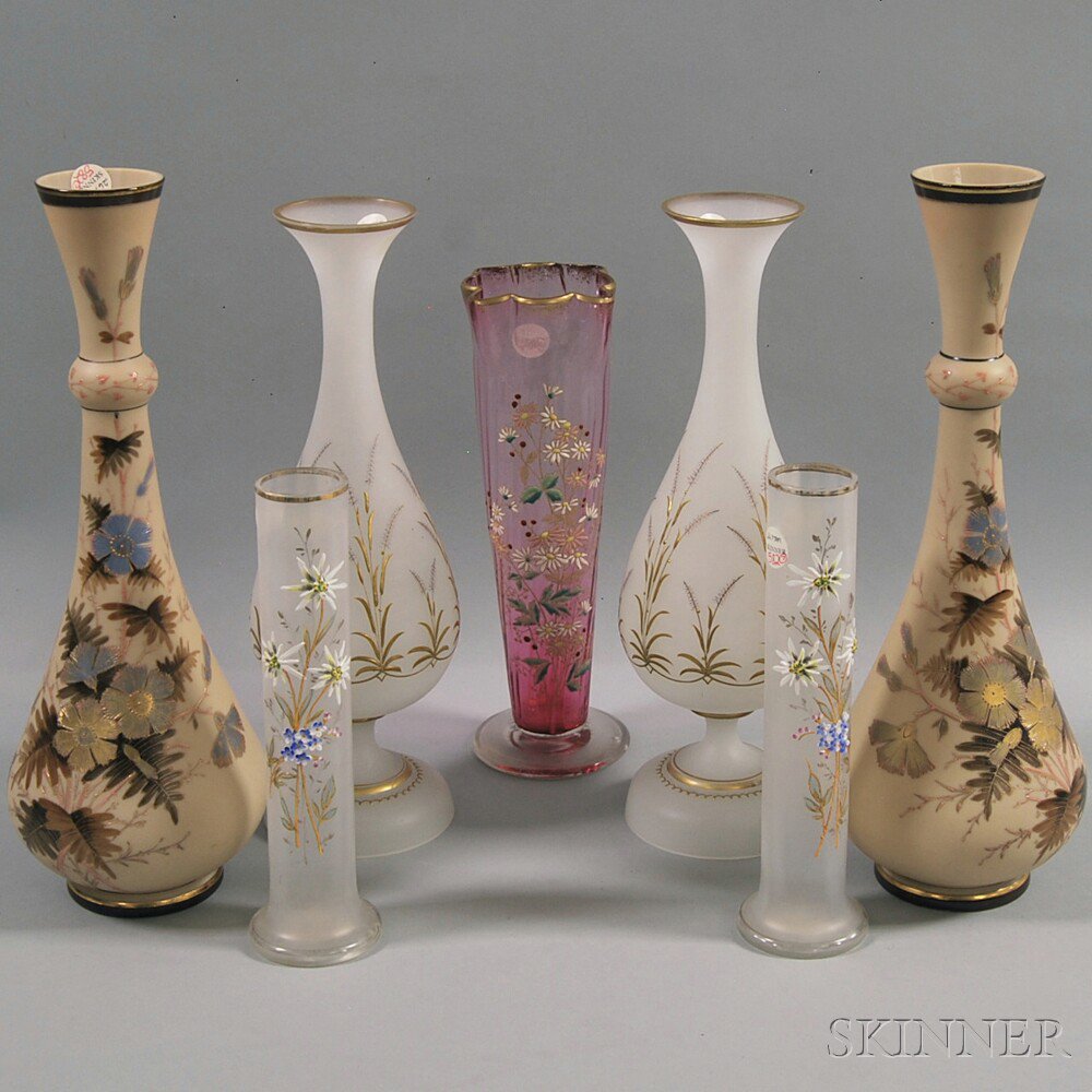 Appraisal: Seven Glass Vases th th century two pairs of frosted