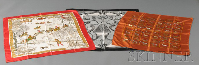 Appraisal: Three Silk Scarves Hermes Etriers depicting various stirrups in black