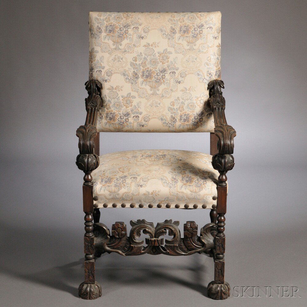 Appraisal: Charles II-style Walnut Armchair th century upholstered seat and backrest