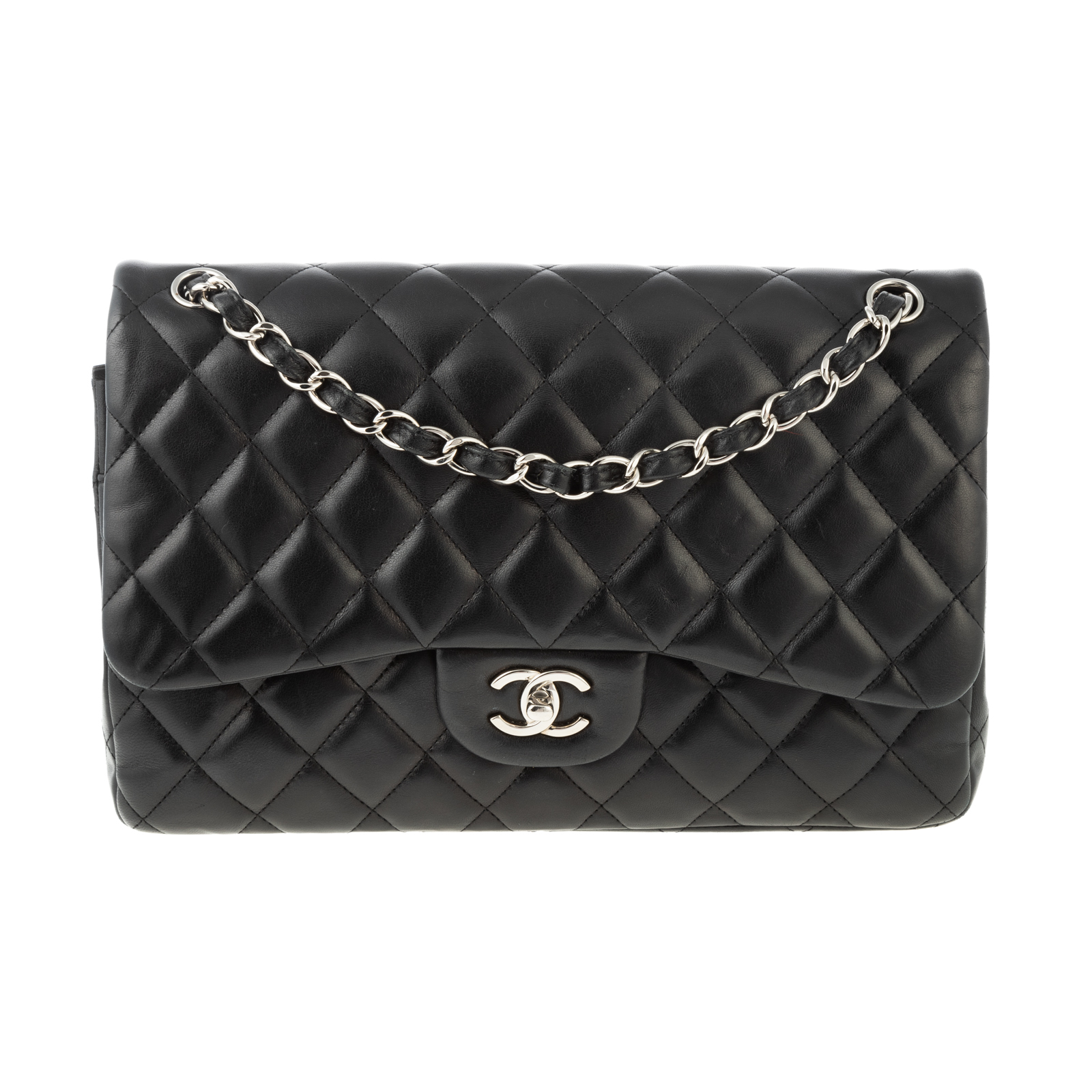 Appraisal: A JUMBO CHANEL DOUBLE FLAP BAG A black Lambskin leather