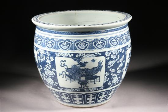 Appraisal: CHINESE BLUE AND WHITE PORCELAIN FISH BOWL Qing dynasty Floral