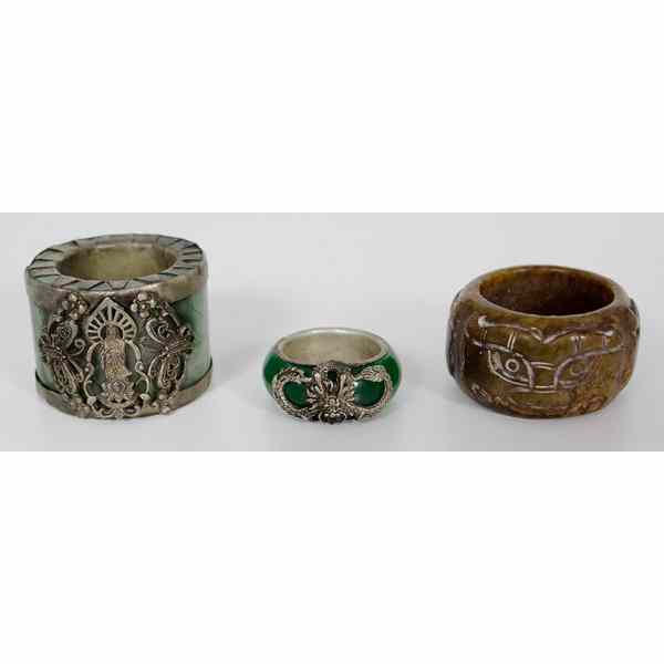 Appraisal: Group of Asian Hardstone Archer Rings Chinese A group of