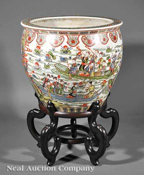 Appraisal: A Monumental Chinese Porcelain Polychrome Enamel Fish Bowl the exterior