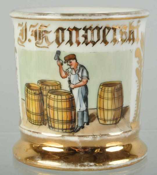 Appraisal: Barrel Maker Shaving Mug Description Gilt name J Konwerski Felda