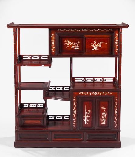 Appraisal: Elaborate Chinese Carved and Engraved Mother-of-Pearl-Inlaid Mahogany Etagere in the