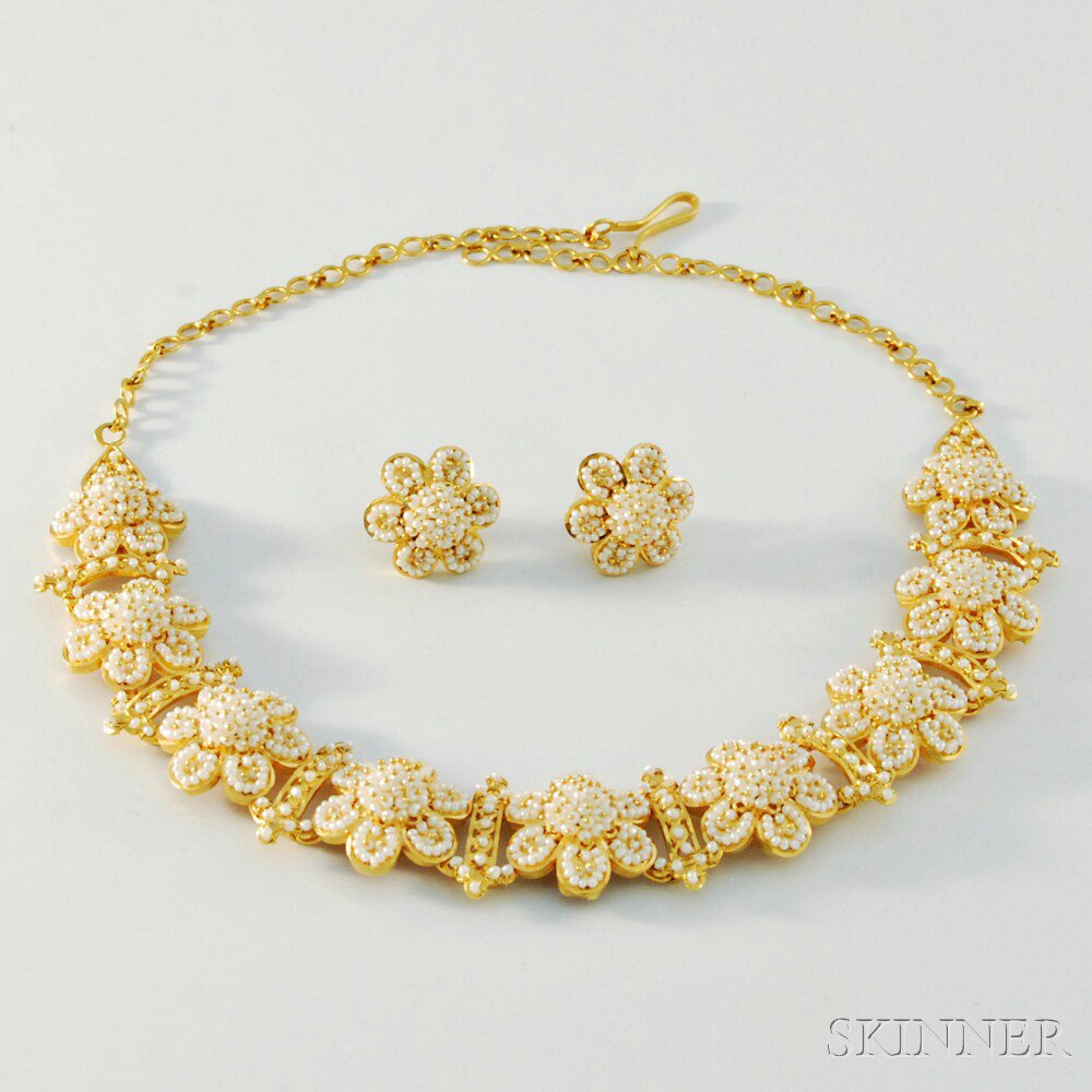 Appraisal: kt Gold and Seed Pearl Suite the necklace comprised of