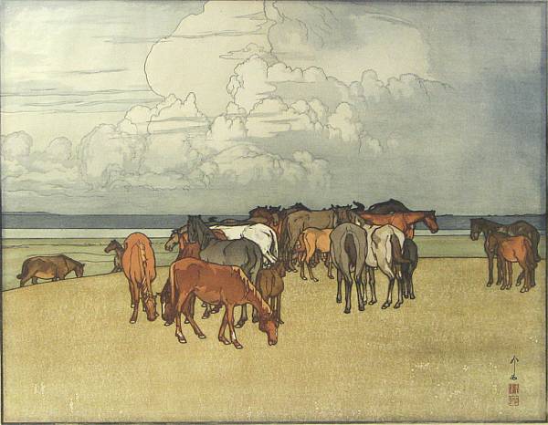 Appraisal: Hiroshi Yoshida - One oversize modern print Entitled Numazaki Pasture