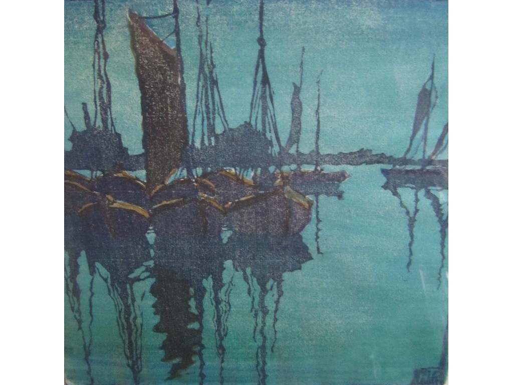 Appraisal: Woodcut 'Harbour by Night' monogrammed on the block and indistinctly