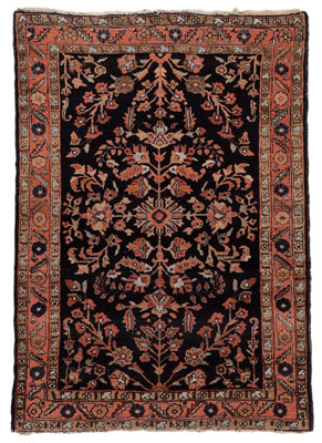 Appraisal: Sarouk Rug Persian repeating floral designs on blue black ground