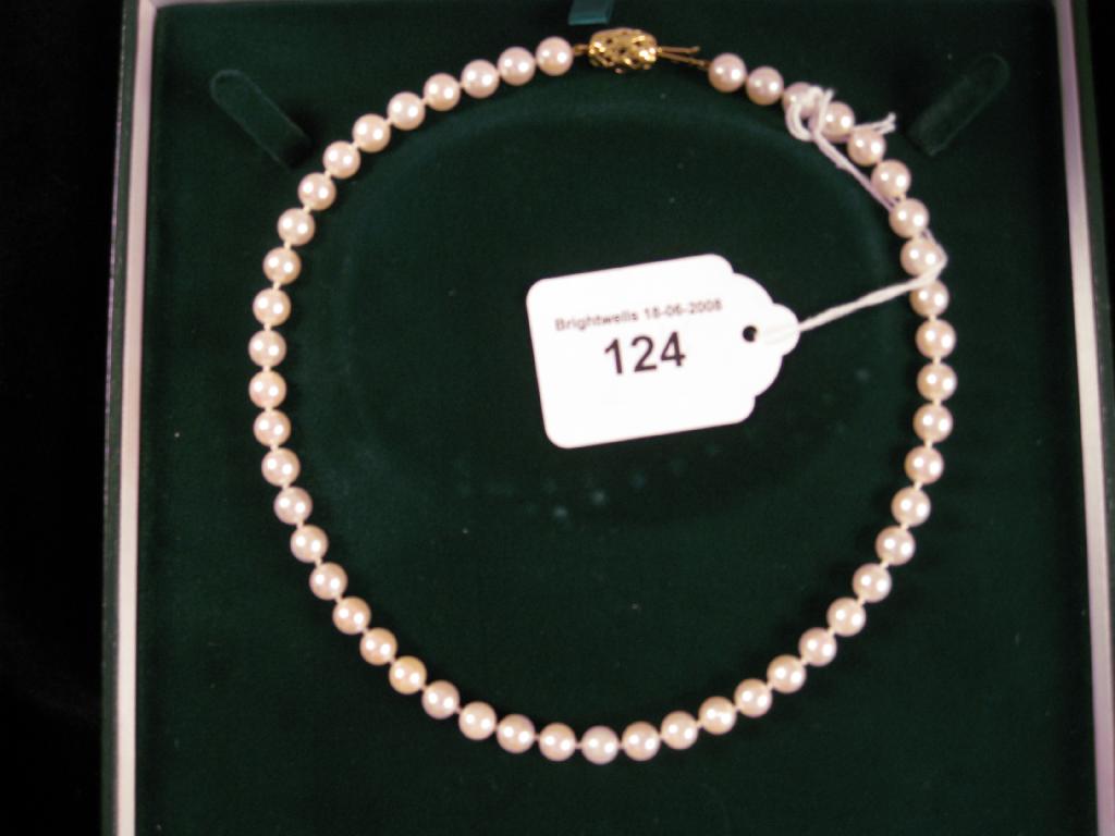 Appraisal: A single row Cultured Pearl Necklace with ct gold clasp