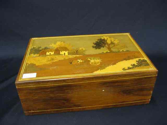 Appraisal: Marquetry Inlaid Wooden Box farm cart scene '' x ''