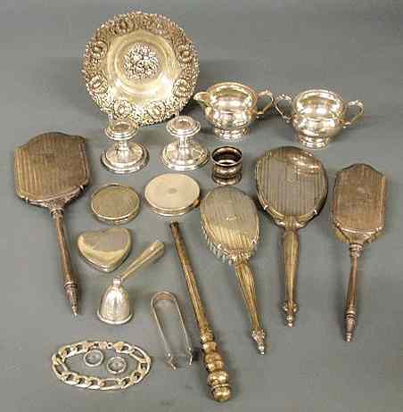 Appraisal: Grouping of sterling silver and silverplate tableware brushes mirrors etc