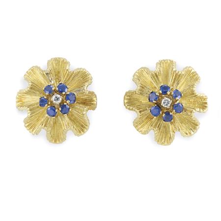 Appraisal: Pair of Gold Sapphire and Diamond Flower Earclips Estimate -