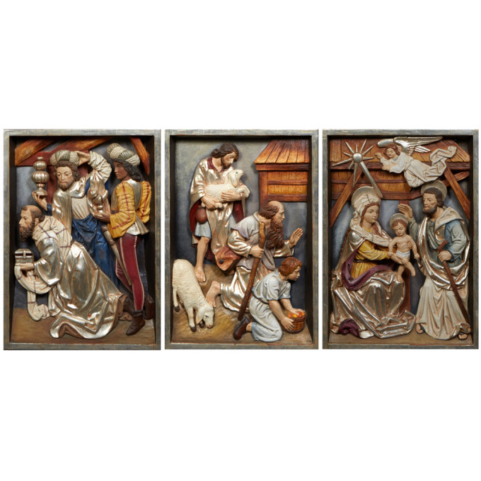 Appraisal: Conrad Moroder Italy Three Carved and Polychromed Wood Relief Nativity