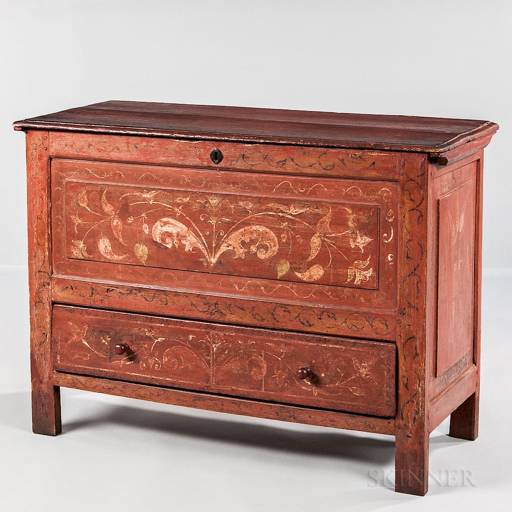 Appraisal: Red-painted and Paint-decorated Joined Chest over Drawer Red-painted and Paint-decorated