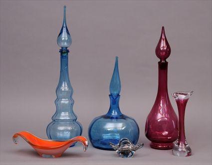 Appraisal: SIX MODERN GLASS ARTICLES Including two blue glass bottles a